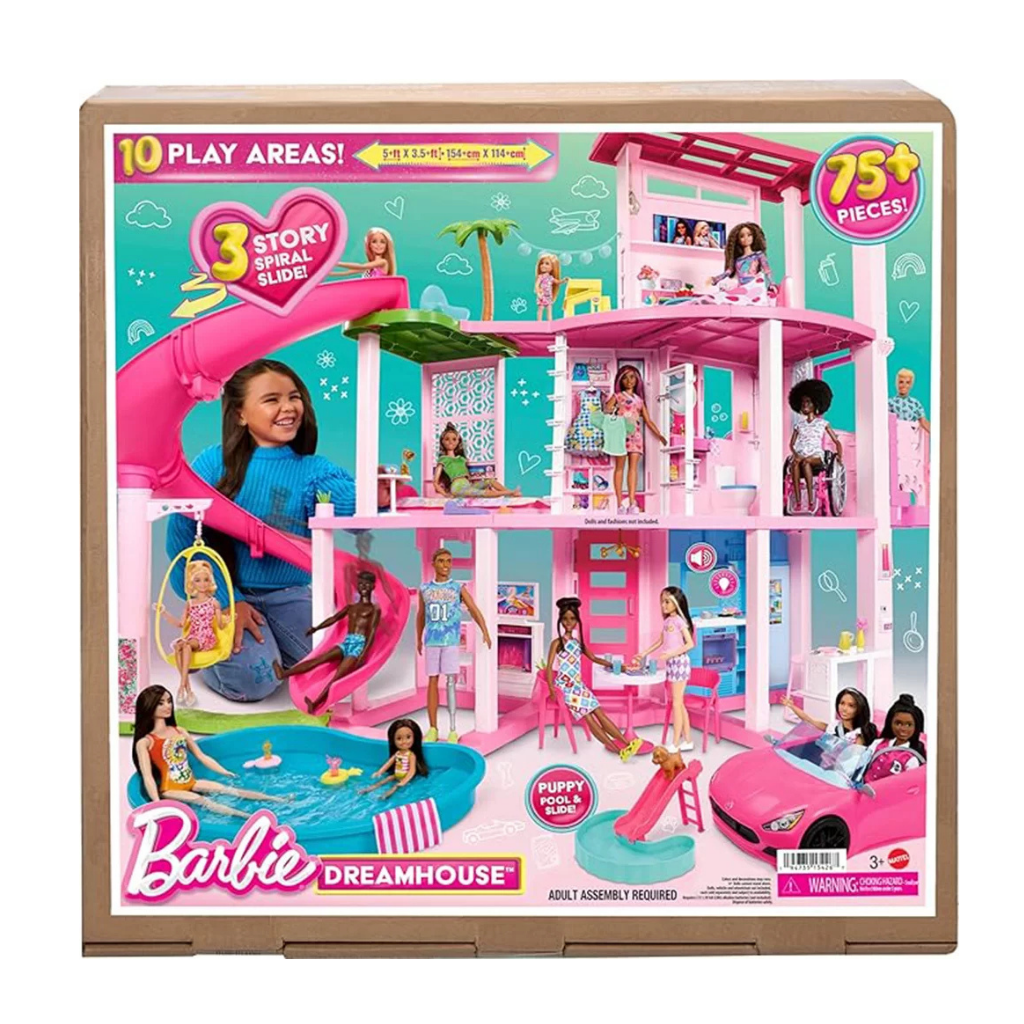  MATTEL CASA DE ENSUEÑO BARBIE, 75+ PIEZAS, CASA DE MUÑECAS POOL PARTY CON TOBOGÁN DE 3 PISOS