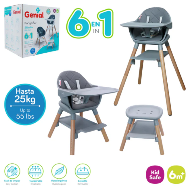 SILLA ALTA 6 EN 1 GENIAL 6M+ HASTA 25KG DE COLOR GRIS