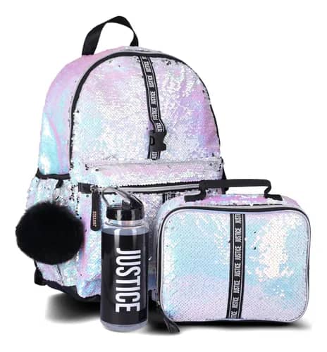 SET DE 5 PIEZAS BOLSO JUSTICE LENTEJUELAS PLATEADO