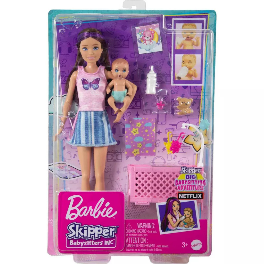BARBIE: SKIPPER NIÑERA MUÑECA Y SET DE JUEGO DE PELO CASTAÑO Y MORADO