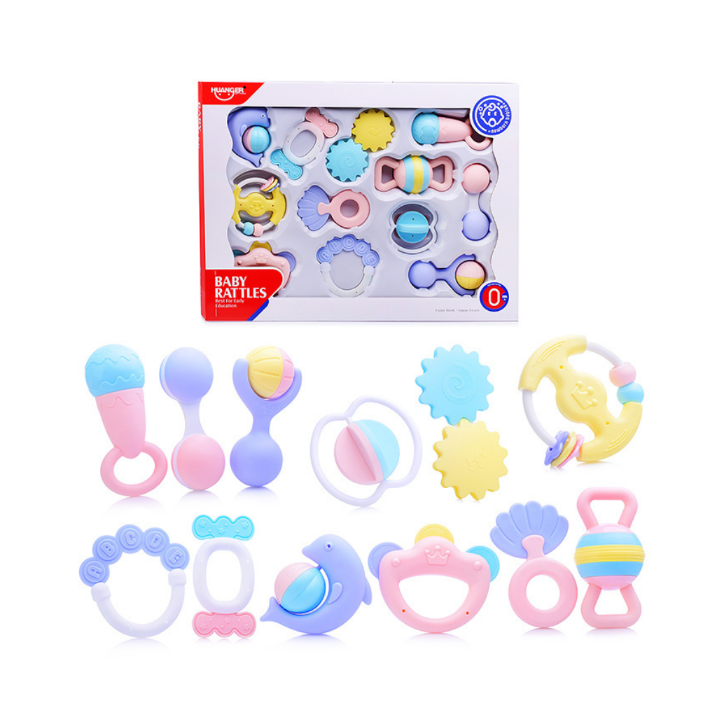 HUANGER SET SONAJEROS Y MORDEDORES-DESARROLLO SENSORIAL/MOTOR 12PCS 0M+