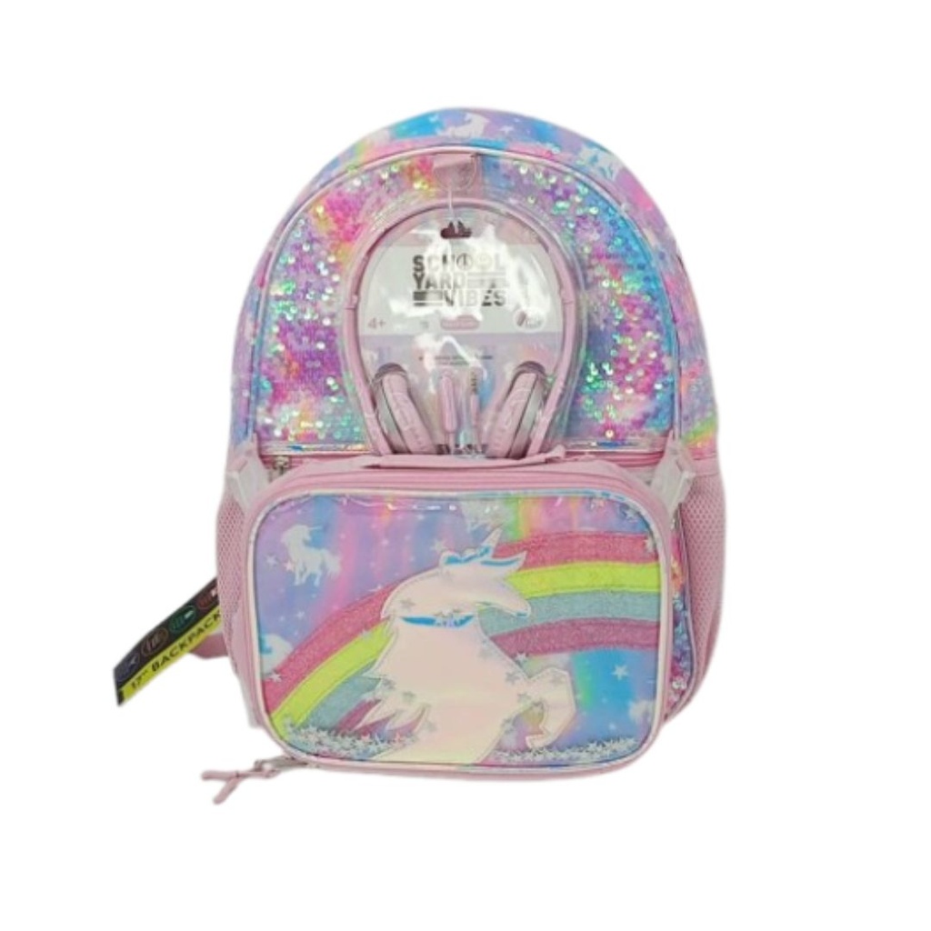 BOLSO UNICORNIO ROSA CON AUDIFONOS Y LONCHERA