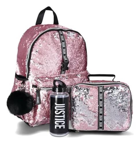 SET 5 PIEZAS BOLSO JUSTICE LENTEJUELAS ROSA