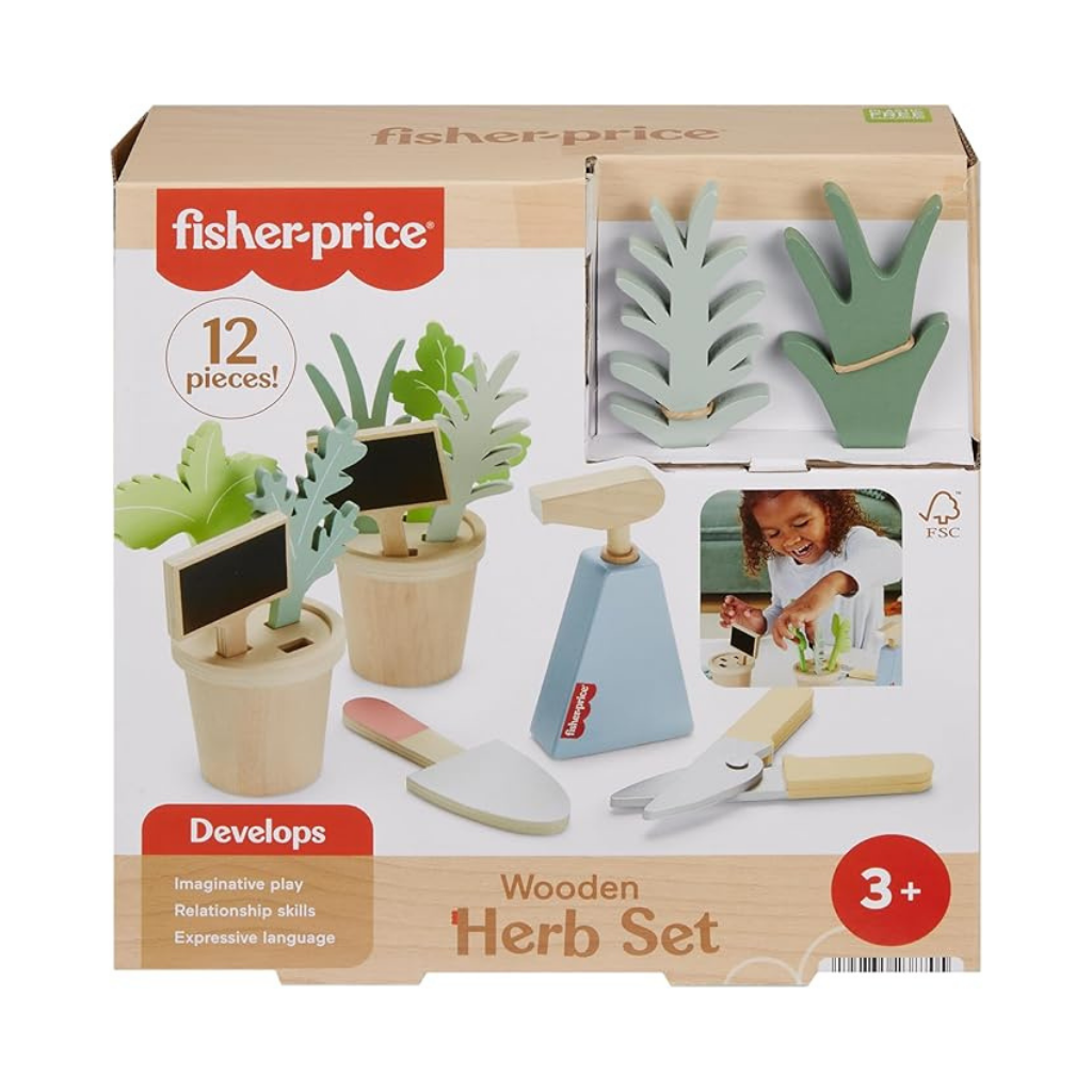 FISHER PRICE JUEGO DE HERRAMIENTAS Y JARDIN DE HIERBAS DE MADERA 12 PCS 