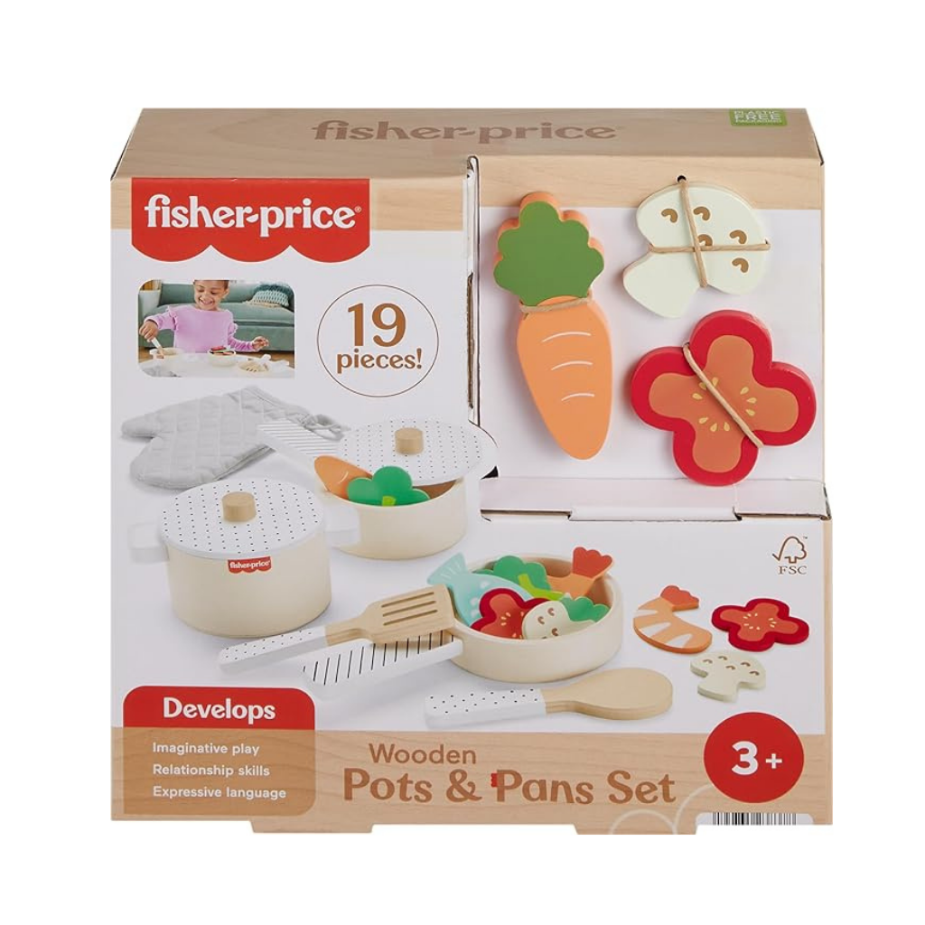 FISHER PRICE JUEGO OLLAS SARTENES DE MADERA 19 PCS 