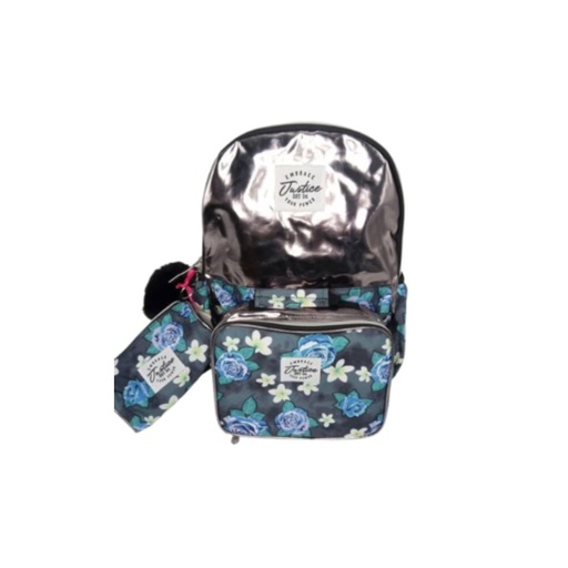 [843340270258] BOLSO PLATEADO CON FLORES SET 3 PIEZAS JUSTICE